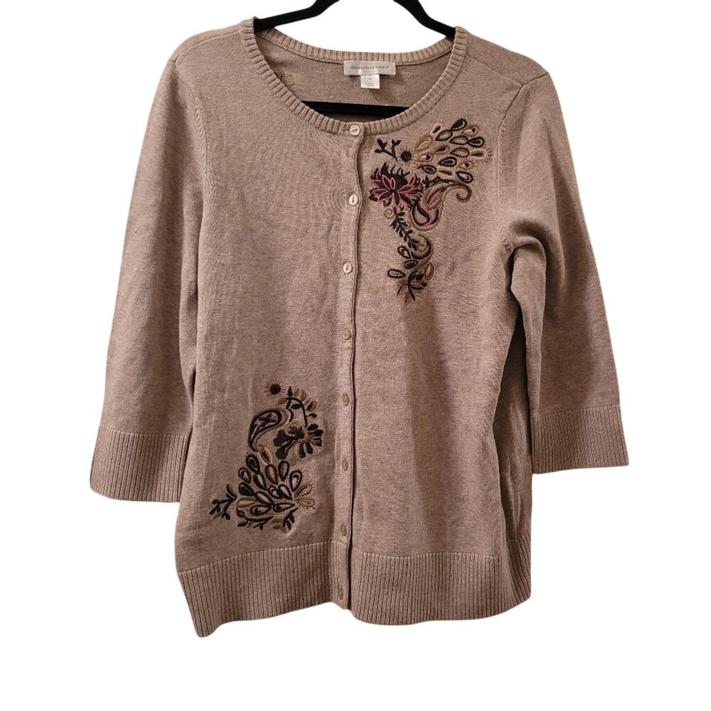 Vtg Floral Embroidered Women's Cadigan Sweater Tan & Pink Size M Ppreppy Boho